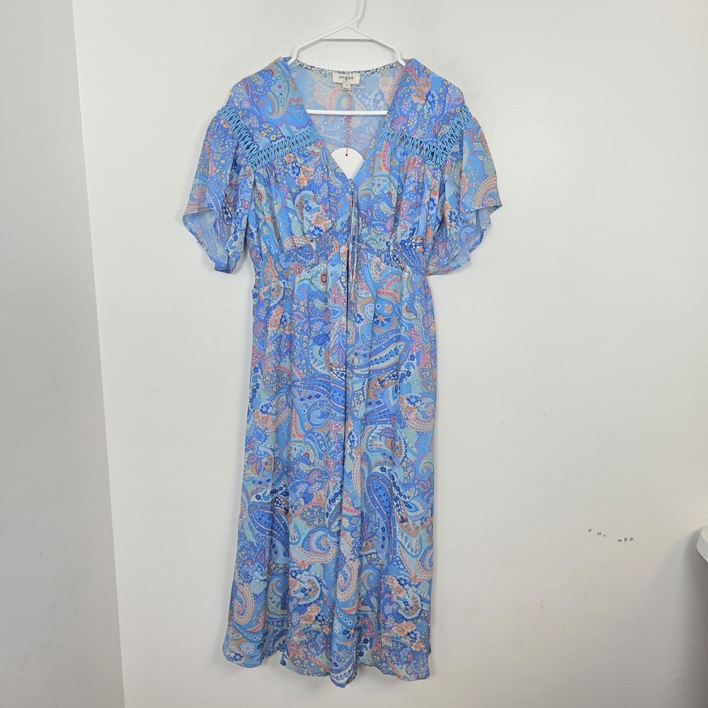 Umgee Blue Colorful Paisley Flowy Whimsical Boho Beachy Summer Midi Dress Size S